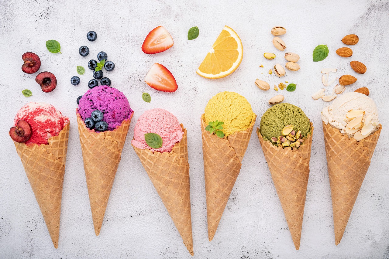 ice cream, cones, fruits, ice cream cones, ice cream scoops, dessert, frozen, frozen desserts, cold, cold desserts, treats, sweets, waffle cones, ice cream flavors, blueberry, chocolate, creamy, dairy, food, gelato, orange, raspberry, strawberry, tasty, nuts, flat lay, composition, ice cream, ice cream, ice cream, ice cream, ice cream